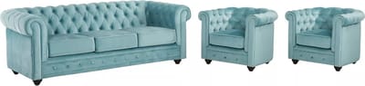 Vente-unique Driezitsbank en 2 fauteuils CHESTERFIELD - velours - pastelblauw