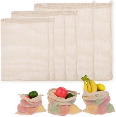 Herbruikbare Beige Fruitnet Tassetjes - 6 Stuks van Katoen voor Groenten en Fruit