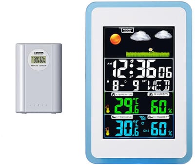 Draadloos Weerstation voor Binnen en Buiten - Inclusief Buitensensor - Thermometer & Hygrometer - Barometer met Weersvoorspelling - Kleurenscherm met Achtergrondverlichting - DCF Klok - Wit