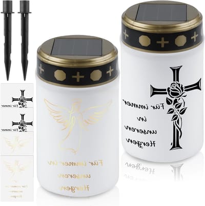 2 Stuks Zonne-LED Grave Lichten met Grondpen, Waterdichte Grafkaars met Lichtsensor, Buiten Graflamp met Stickers en Decoratieve Verlichting