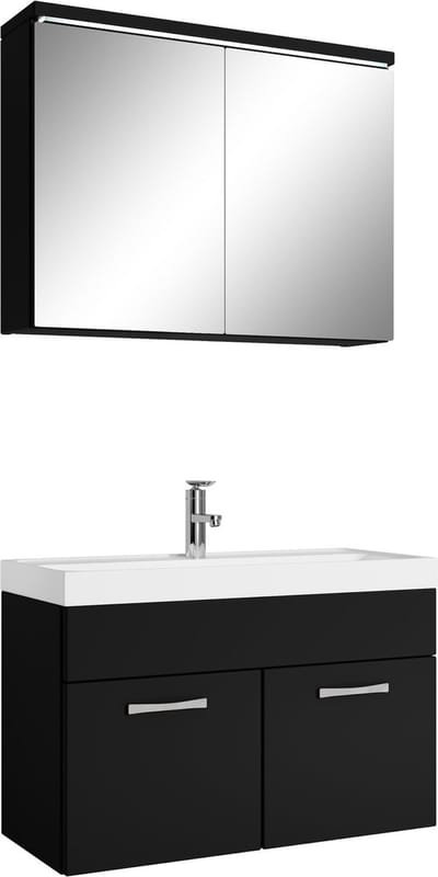 Badplaats Badkamermeubel Set Paso 02 80 x 40 cm – Mat Zwart – Badmeubel met Wastafel en Spiegelkast