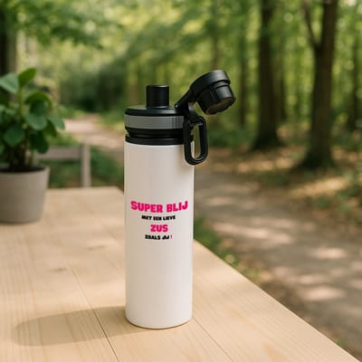 Hacebo® - super blij met een lieve zus zoals jij waterfles met draaidop grijs - Zus - de liefste zus - verjaardag - cadeautje voor zus - zus artikelen - kado - geschenk - water fles - 850ML
