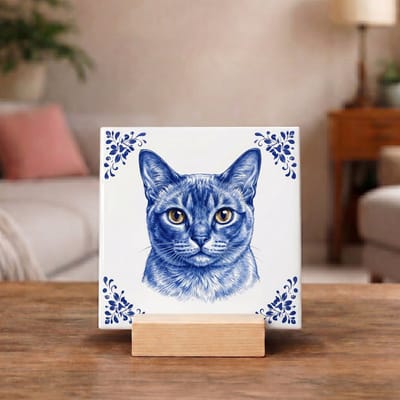 Delftsblauw Tegeltje 11x11 Europese Korthaar Kat – Cadeau voor Kattenliefhebber