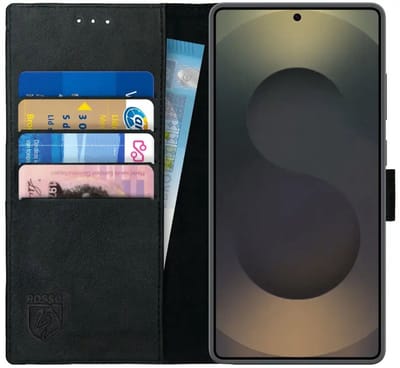 Rosso Deluxe Echt Leer Hoesje Geschikt voor Samsung Galaxy S25 Ultra | Ruimte voor drie pasjes | Portemonnee Book Case | Met Pasjeshouder | Zwart