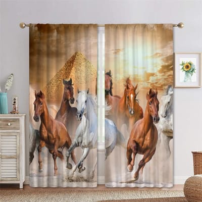 Rideaux de fenêtre de cheval pour la chambre à coucher Rideaux d'animaux dans le salon Rideau d'impression numérique 3D pour fenêtre Décoration d'intérieur 2 panneaux W60H60(CM)x2PCS&Grommet Top beige