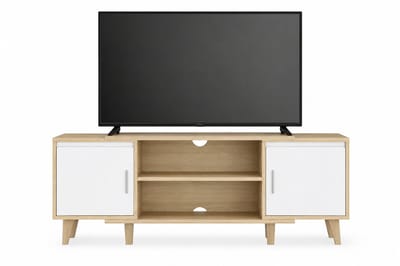 Home & Beyond® TV-Meubel 140 cm met 2 Deuren, Open Vakken en Kabelmanagement - Voor TV's tot 65 Inch - Wit/Eiken