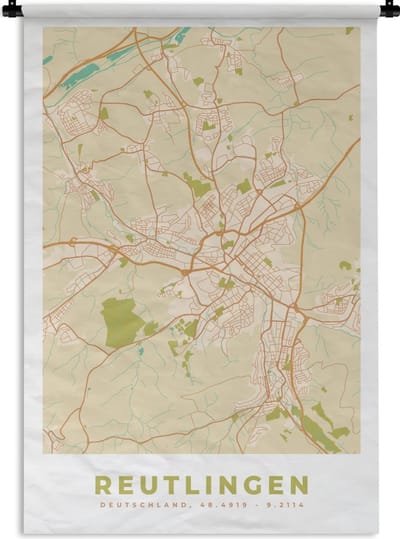 Wandkleed - Wanddoek - Vintage - Reutlingen - Plattegrond - Kaart - Stadskaart - 120x180 cm - Wandtapijt