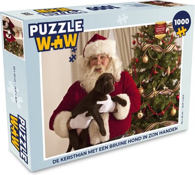 Puzzel De kerstman met een bruine hond in zijn handen - Legpuzzel - Puzzel 1000 stukjes volwassenen - Kerst - Cadeau - Kerstcadeau voor mannen, vrouwen en kinderen