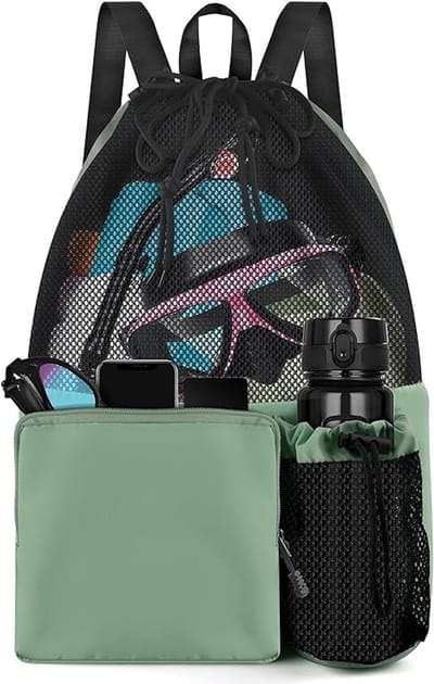 Zwemzak-zwemtas-turnzak-zwemtas met trekkoord voor natte zakken -Zwem- en strandrugzak met natte zak en netvak met trekkoord - Perfect voor zwemmen en fitness - Groen - 47x40cm