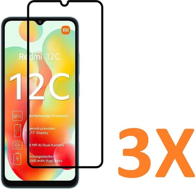 Screenprotector Geschikt voor: Xiaomi Redmi 12C - Full 3x - screen protector - volledige glas - bescherming - beschermglas - ZT Accessoires