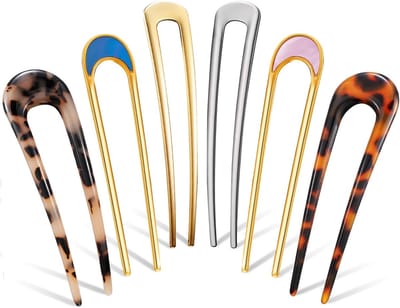 Famanu - 6 stuks Franse haarpinnen (3 stijlen), U-vorm “tortoise” + metalen twist pinnen voor chignon