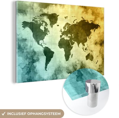 ® Glasschilderij 120x80 cm - Schilderij acrylglas - Wereldkaart - Groen - Blauw - Foto op glas - Muurdecoratie woonkamer - Wanddecoratie slaapkamer - Schilderijen