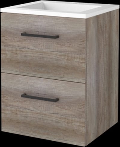 Basic Start 46 badmeubelset met wastafelonderkast met grepen, 2 lades en acryl wastafel met 1 kraangat 50 x 46 cm, scotch oak