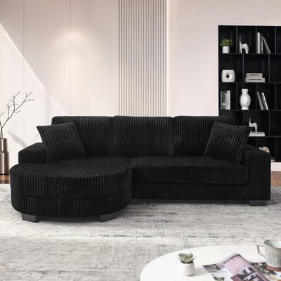 MIVRAY Hoekbank 256,5 x 133,5 x 89 cm - Modulair Met Verwisselbare Ovale Hocker - Woonkamer En Kantoor - Corduroy Zwart