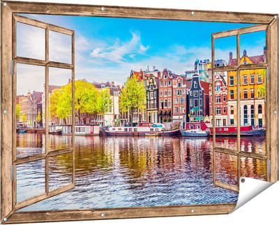 Gards Tuinposter Doorkijk Amsterdamse Huisjes aan het Water - 150x100 cm - Tuindoek - Tuindecoratie - Wanddecoratie buiten - Tuinschilderij