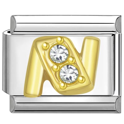 Quiges - Schakel - Bedel - 9mm - charms - Goud - Zirkonia - alfabet - letter N - Geschikt voor - armband - Schakelarmband - italy bedels armband