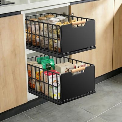 SnelShoppen - 2 Stuks Uittrekbare Keukenlade, Lade-Organizer met Laderails en Houten Handvat, Metalen Telescopische Lade, Zonder Boren (40L x 25B x 18