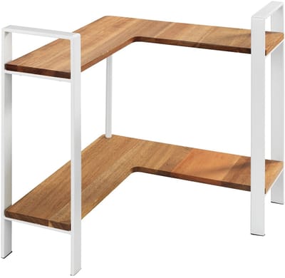 WENKO Keukenrek Lou Hoekmodel in mat wit staal en FSC gecertificeerd acaciahout 30x33x30cm - 2 niveaus - Keukenrek Staand - Keukenorganizer