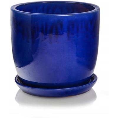 Blauwe Keramische Pot 23x20 cm - Vorstbestendig & Inclusief Schotel