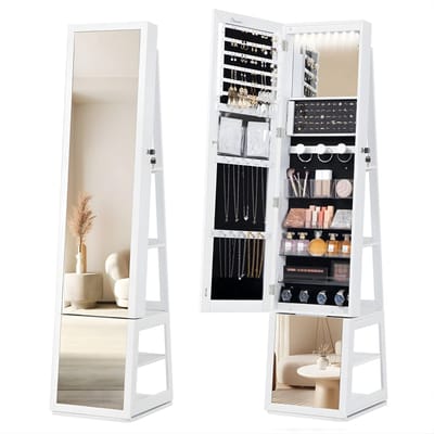 Sieradenkast – Voor Slaapkamer & Make-up – 360° Draaibare Sieradenkast met Afsluitbare Spiegel en 4 Opbergvakken – Wit/Zwart