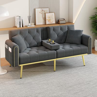 BLACKCOLORS Tweepersoons slaapbank met verstelbare rugleuning, drie verstelbare hoeken en bekerhouders. Geschikt voor de woonkamer, slaapkamer, thuisbioscoop of logeerkamer. Stoffen bekleding. Grijs.