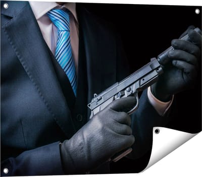 Gards Tuinposter Maffia Man met een Pistool in Handen - 80x60 cm - Tuindoek - Tuindecoratie - Wanddecoratie buiten - Tuinschilderij