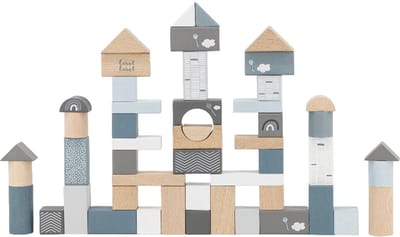 Label Label Houten Blokken in Ton - Houten Blokkenset - Inclusief 50 Blokken met Verschillende Vormen en Figuurtjes - Stimuleert Fantasie en Hand-Oogcoördinatie - Vanaf 2 Jaar - Blauw