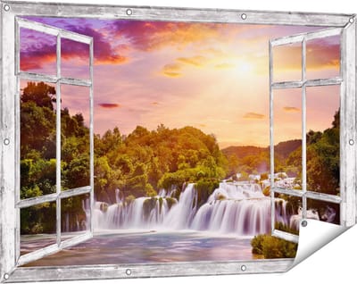 Gards Tuinposter Doorkijk Watervallen in het Bos - 120x80 cm - Tuindoek - Tuindecoratie - Wanddecoratie buiten - Tuinschilderij