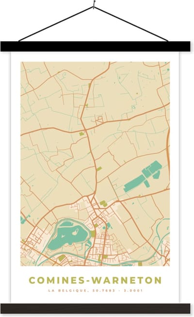 Posterhanger incl. Poster 40x60 cm - Schoolplaat - Plattegrond - Stadskaart - Vintage - Kaart - Comine-Warneton - Textielposter - Zwarte latten - Stadskaart