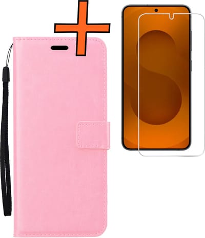 Hoes - Met Screenprotector - Geschikt voor Samsung Galaxy S25 - Luxe Pasjeshouder - Bookcase Portemonee - Flip Case - Kunstleer Book Case - Flipcase - Book Cover - Walletcase - PortemonneeHoes - Lichtroze