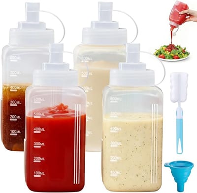 Famanu – Knijpfles set van 4, 600 ml, brede mond sausflessen met dop, trechter en borstel