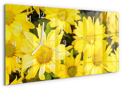 Tulup Wandklok - Gele bloemen Decoratieve Glazen Klok - 60x30 cm - Geel Glazen Wandklok Design - Witte Handen - Rechthoekige Wandklok - Glazen Wandklok Design - Klok Glas Met Opdruk