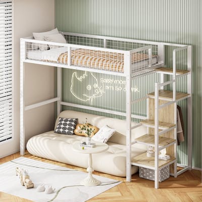 Sweiko Hoogslaper - 90 x 200 cm - IJzeren bed - Met kledingkast + opbergrek - Wit (zonder bank)
