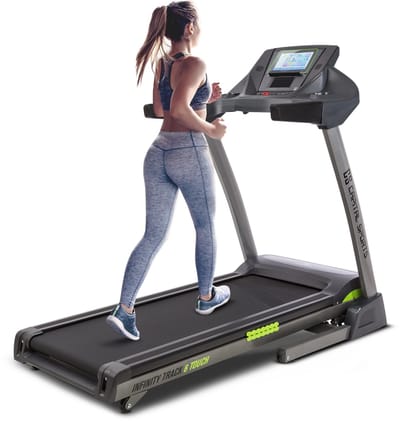 CAPITAL SPORTS Infinity Track Loopband - 5,5 pk treadmill met geïntegreerde luidsprekers & AUX-IN, Loopvlak met hartslagsensor, 36 programma's, opklapbaar, Vloerwielen, grijs