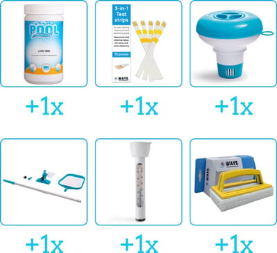 Zwembad Onderhoudspakket - Onderhoud Zwembad - bevat Chloor - Testrips - Chloordrijver - Schoonmaakset - Thermometer en Scrubborstel (6-delig)