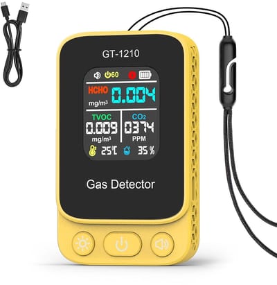 Luchtkwaliteitsmeter Binnen - Luchtkwaliteit Sensor - Real-time Meting - Batterij Aangedreven - 8.5x5x2cm - Geel