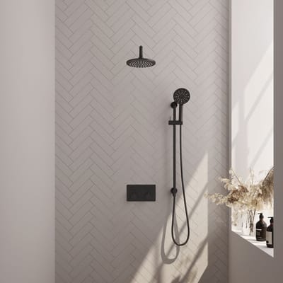 Brauer Black Edition thermostatische inbouw regendouche met drukknoppen SET 69 met 20 cm douchekop en gebogen muurarm en 3-standen handdouche en doucheslang en geïntegreerde glijstang mat zwart