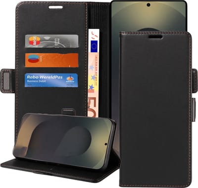 Geschikt voor Samsung Galaxy S25 Ultra - Book Case Hoesje - Magnetische Sluiting - Portemonnee Rustic Zwart