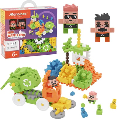 Marioinex Mini Waffle City: Vuilniswagen, bouwblokkenset, zachte blokken voor kinderen, veilig – 148 stuks