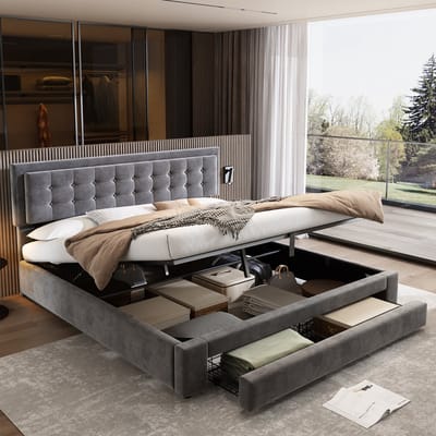 SINGULARITY-Bed met opbergruimte en lades- fluwelen stof- gestoffeerd bed- lattenbodem- tweepersoonsbed- veel opbergruimte- 160 x 200- grijs- zonder matras