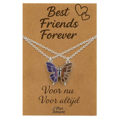 BFF Ketting voor 2 'Best Friends Forever' - Vlinder VERANDERT VAN KLEUR - Vriendschapsketting op Cadeau Kaartje - 45cm + 5cm verstelbaar - Zilverkleurig - Best Friends Hanger - Pax Amare