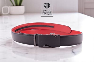 Zwart + rood lederen riem zonder gaatjes met automatische gesp voor heren ( model A010 )