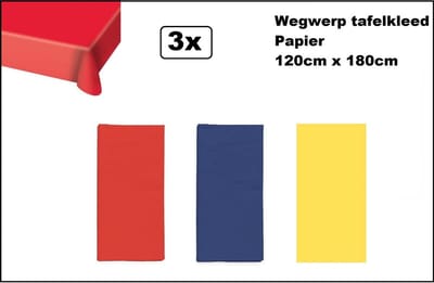 3x Wegwerp tafelkleed papier rood/blauw/geel 120cm x 180cm - Carnaval Thema feest festival thema feest evenement gala