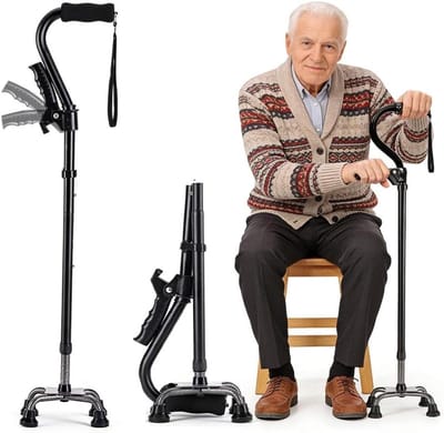 Wandelstok Dubbele Handgreep - Stabiele Steun - Veilige Mobiliteit - Zelfstandig Staande Basis - Verstelbaar 76-94cm - Zwart