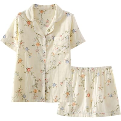 Nieuwe Zomer Dames Pyjama Korte Mouwen Shorts Pak Katoen Print Fris Huiskleding Tweedelige Set Dames XL white