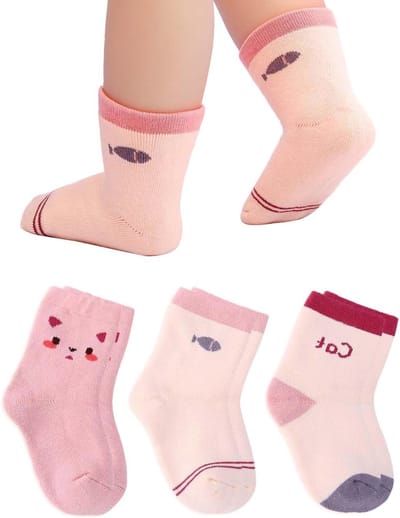 3-Pack Schattige Meisjes Sokken met Cartoon Motief - Warme Katoenen Crew Sokken voor Peuters van 6-12 Maanden, Roze, Comfortabel en Ademend
