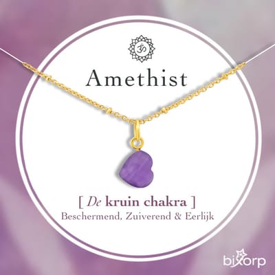Bixorp Amethist Hartje Ketting - Edelsteen Kruin Chakra Hanger - Roestvrij Staal met Verguld Goud - 36+8cm