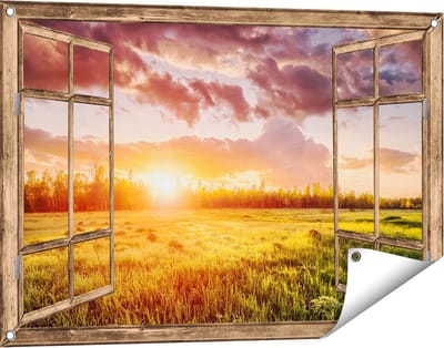 Gards Tuinposter Doorkijk Zonsopkomst in het Veld - 90x60 cm - Tuindoek - Tuindecoratie - Wanddecoratie buiten - Tuinschilderij