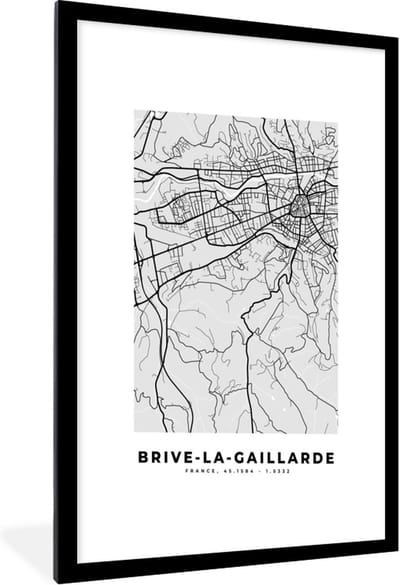 Fotolijst incl. Poster - Frankrijk – Plattegrond – Kaart – Brive-la-Gaillarde – Stadskaart - 60x90 cm - Posterlijst