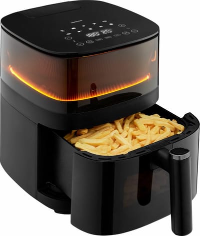 MEDION X10 XL hetelucht friteuse (5 liter XXL frituurmand, stoom voor knapperig voedsel, 1.500 watt, kijkvenster, schudalarm, digitaal bedieningspaneel, 10 automatische programma's, tot 230 °C)